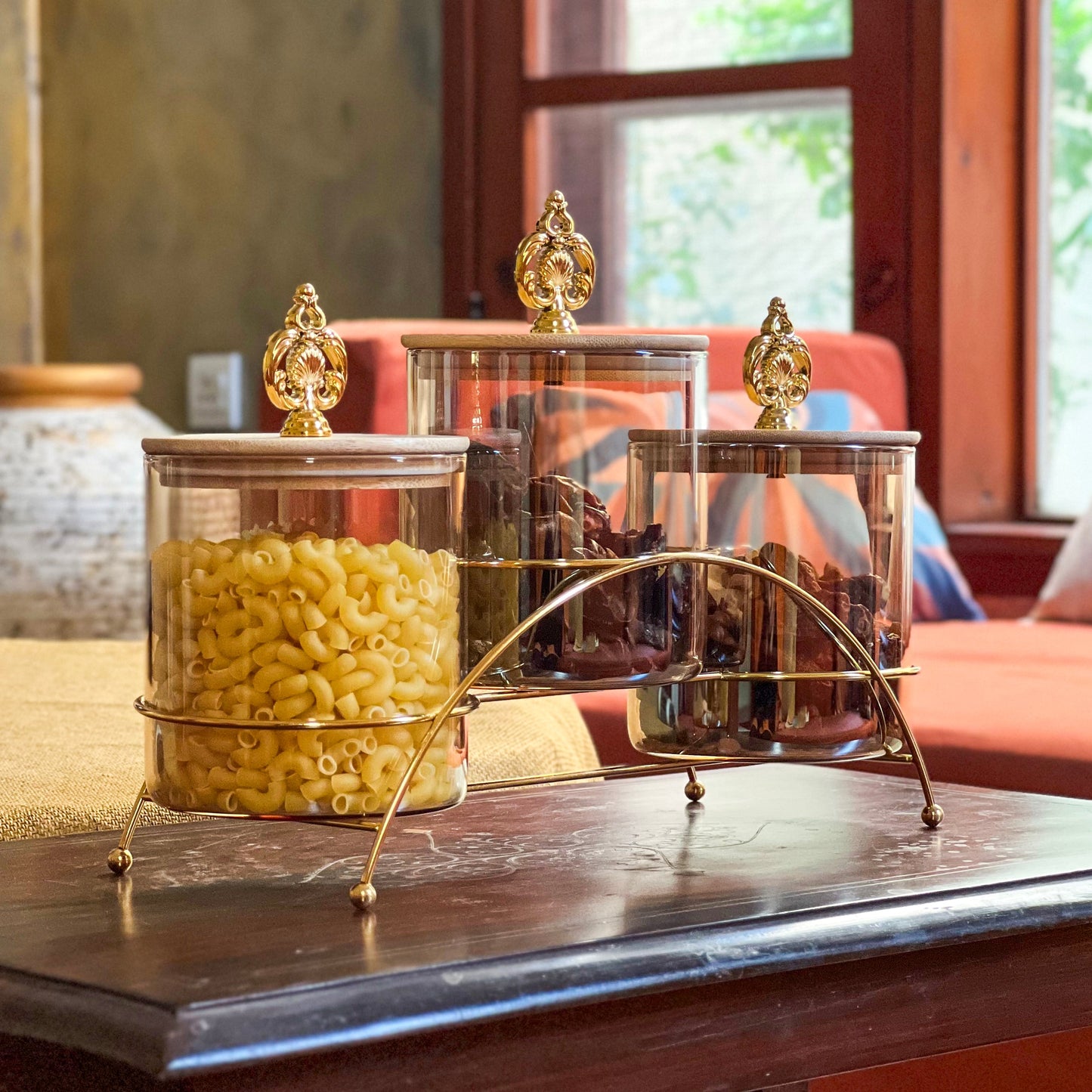 Majestic 3-Piece Glass Jar Set with Golden Metal Stand (1125)
