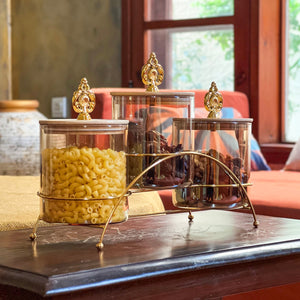 Majestic 3-Piece Glass Jar Set with Golden Metal Stand (1125)