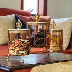 Majestic 3-Piece Glass Jar Set with Golden Metal Stand (1125)