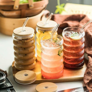BubbleWave Glass Tumbler with Wooden Lid & Straw