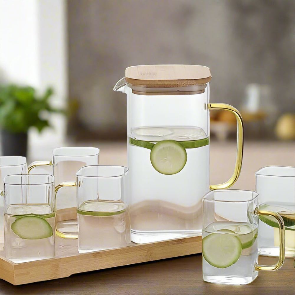 8Pcs Glass Pitcher Set with Wooden Lid & Tray