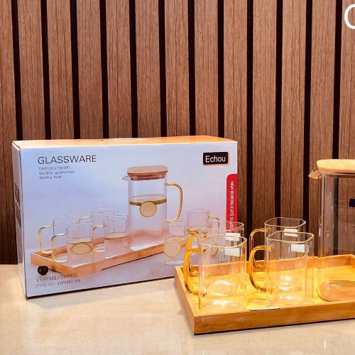 8Pcs Glass Pitcher Set with Wooden Lid & Tray