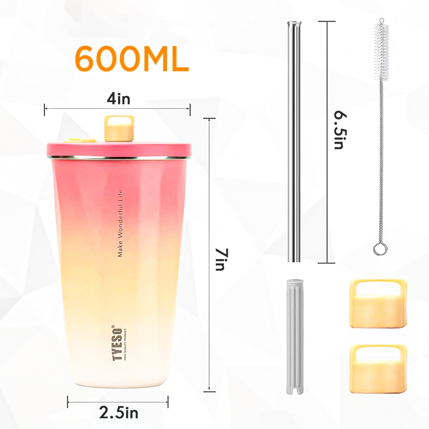 TYESO® Vacuum Insulated Tumbler with Pop-up Steel Straw (600ml) (TS-8848B)