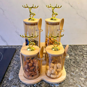 TintedGold 4-Pcs Airtight Storage Jars Set (1105) with Bamboo Spoon & Stand
