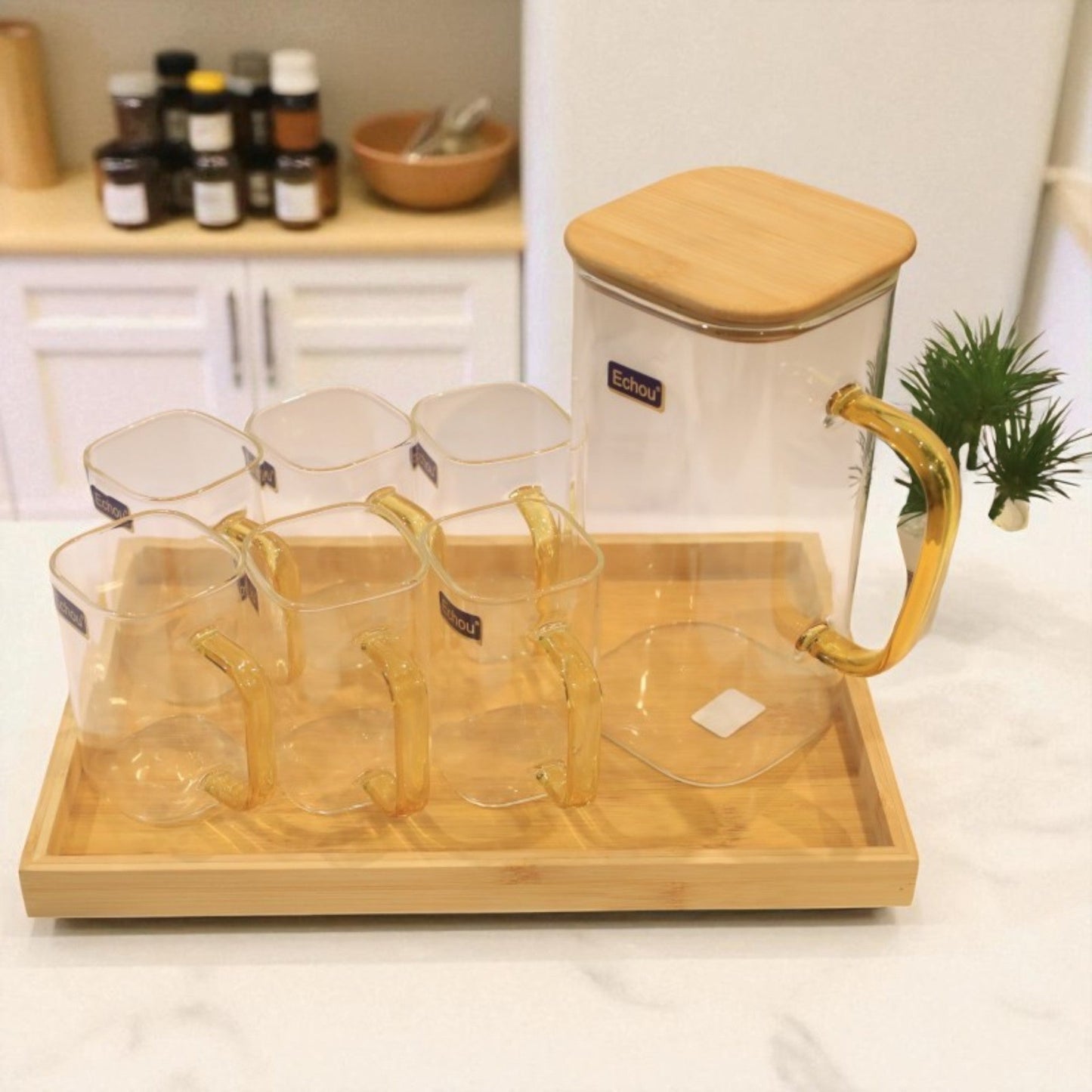 8Pcs Glass Pitcher Set with Wooden Lid & Tray
