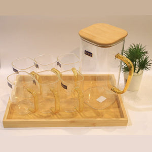 8Pcs Glass Pitcher Set with Wooden Lid & Tray