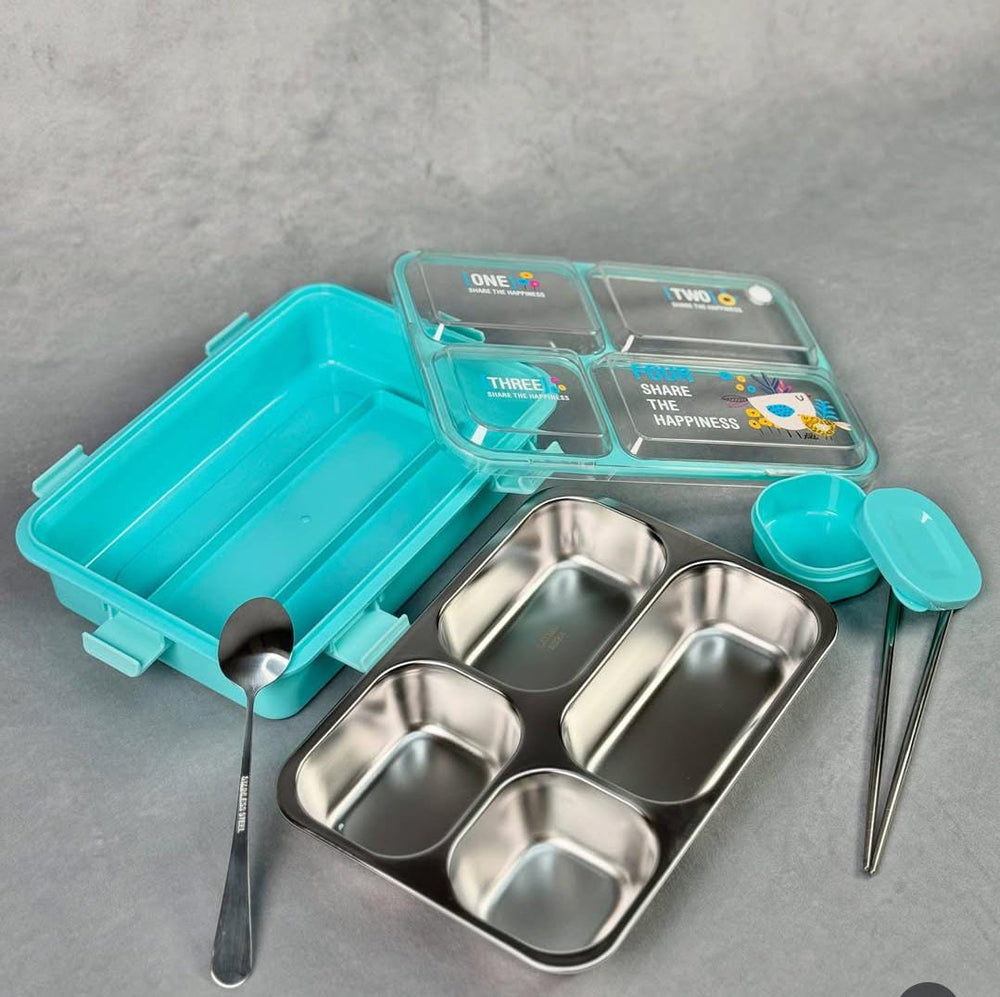 Modern Leakproof Stainless Steel (SUS304) Lunch box with Cutlery Grid & Sauce Compartment (7136)