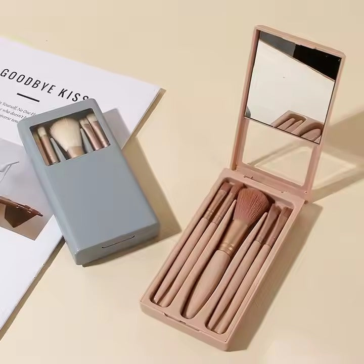 5-Piece Mini Makeup Brush Set with Mirror & Protective Case