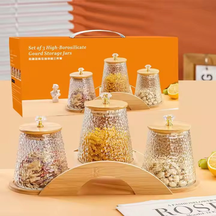 Decorative Bridge-Design Jar Trio with Natural Wooden Stand (1101)