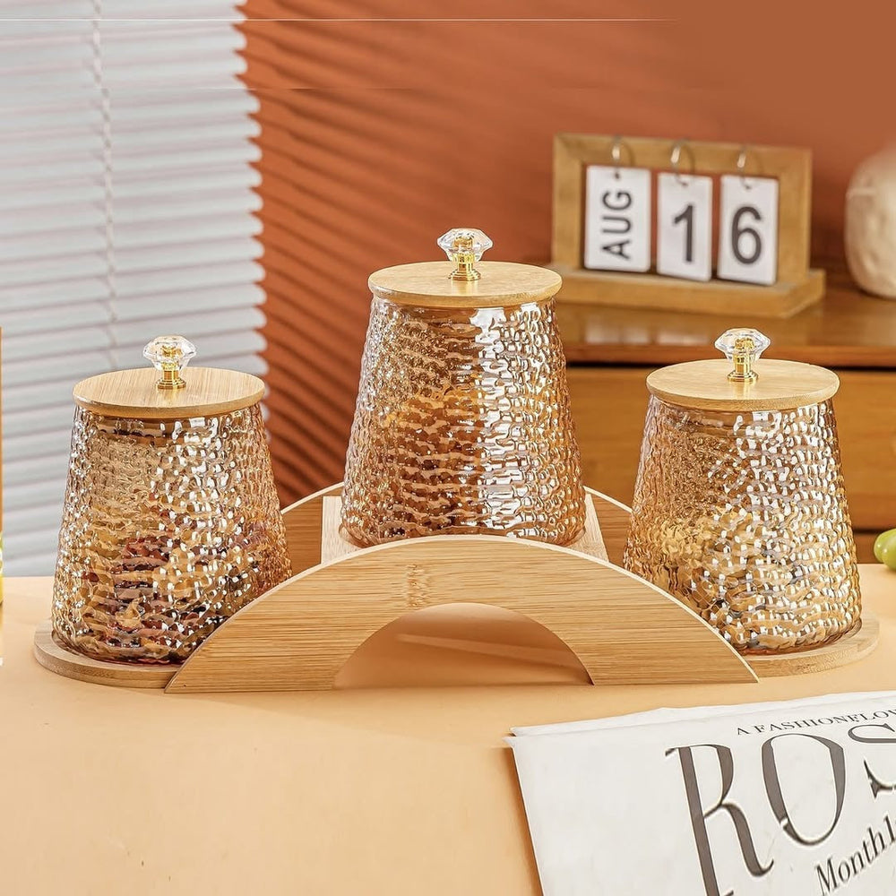 Decorative Bridge-Design Jar Trio with Natural Wooden Stand (1101)