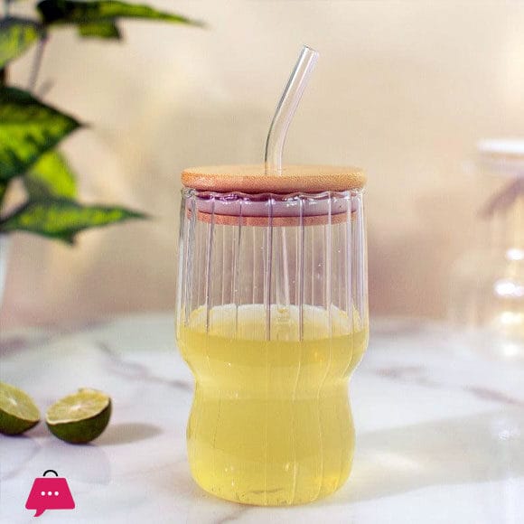 AmberRib Glass Cup with Wooden Lid