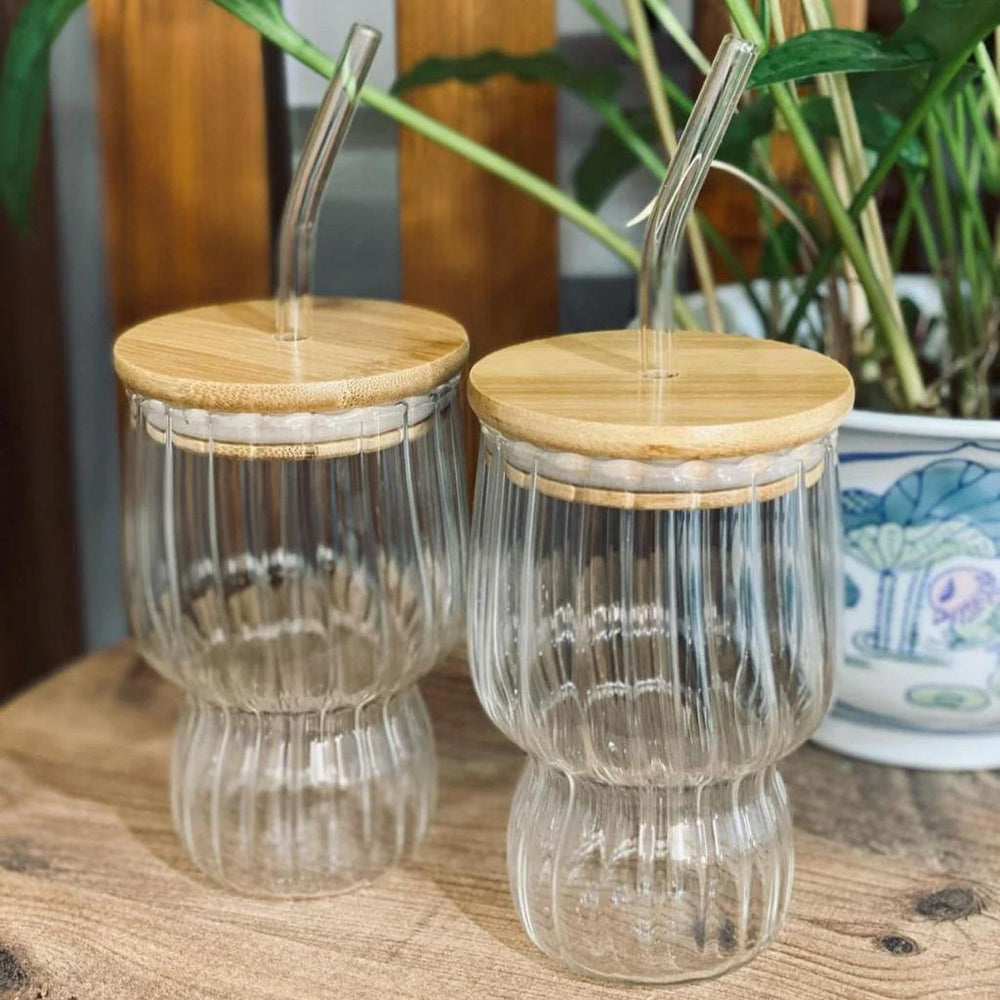 AmberRib Glass Cup with Wooden Lid