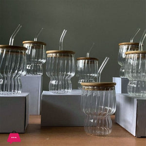 AmberRib Glass Cup with Wooden Lid