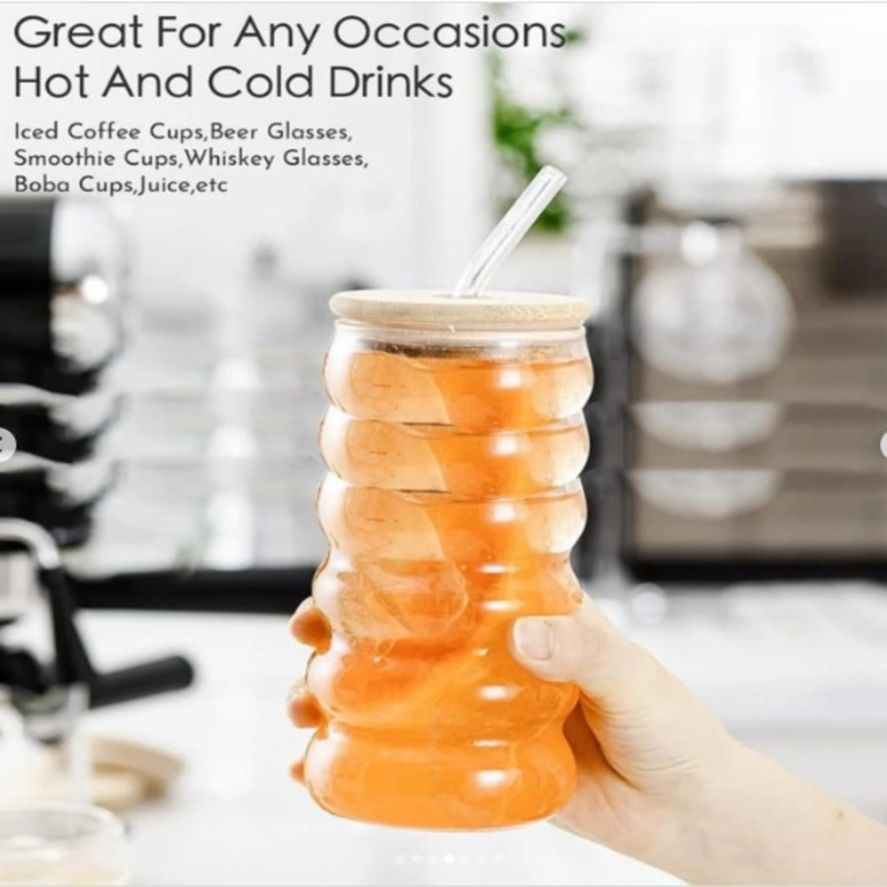 BubbleWave Glass Tumbler with Wooden Lid & Straw