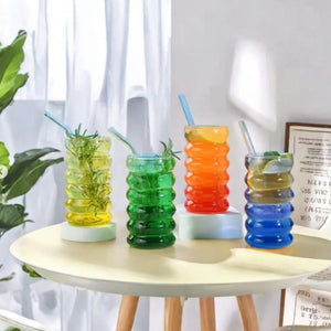 BubbleWave Glass Tumbler with Wooden Lid & Straw