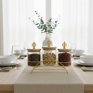 Majestic 3-Piece Glass Jar Set with Golden Metal Stand (1125)