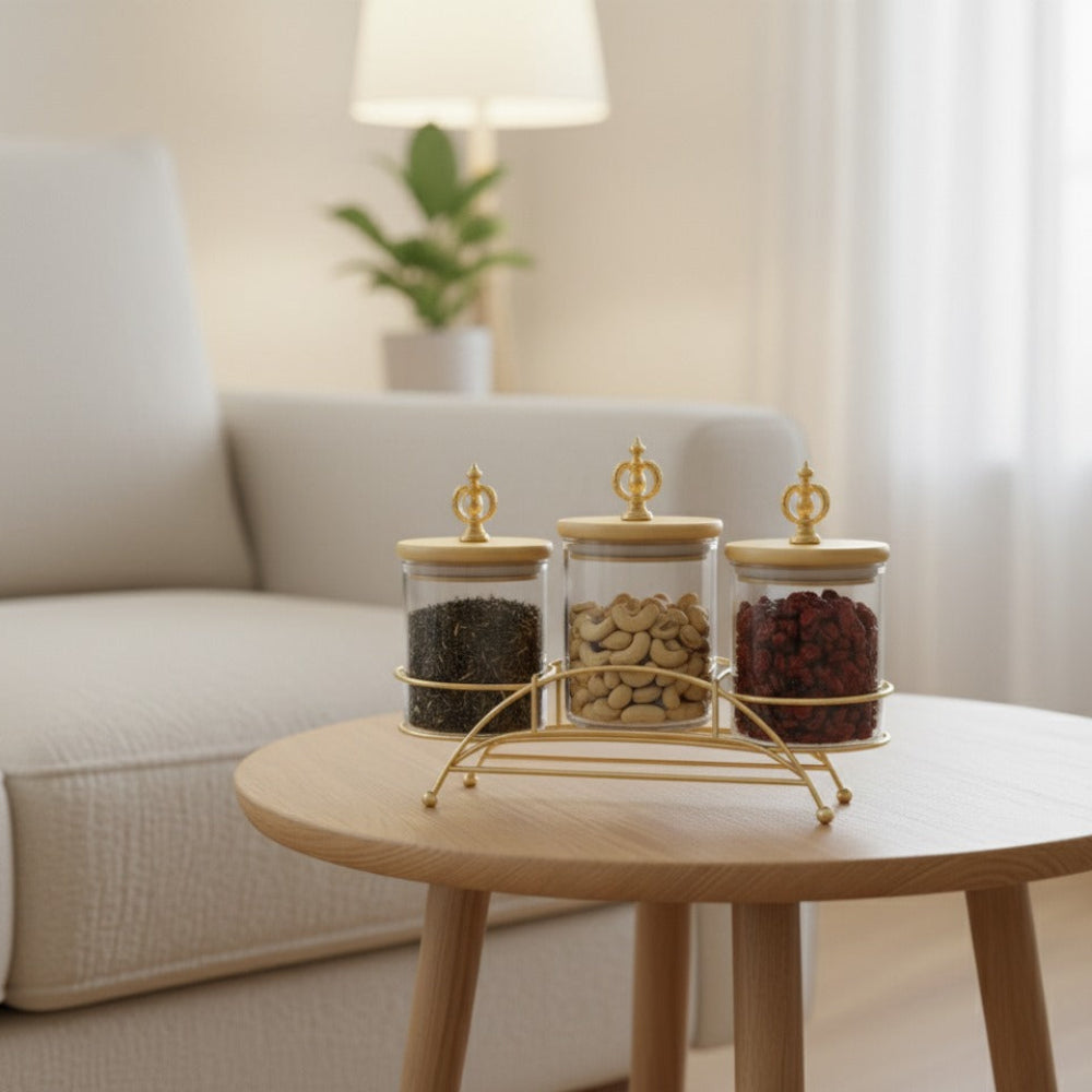 Majestic 3-Piece Glass Jar Set with Golden Metal Stand (1125)