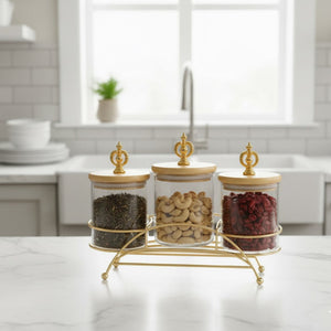 Majestic 3-Piece Glass Jar Set with Golden Metal Stand (1125)
