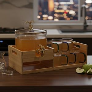 Echou GoldenDeer Glass Dispenser Set with Wooden Stand & 6 Glasses