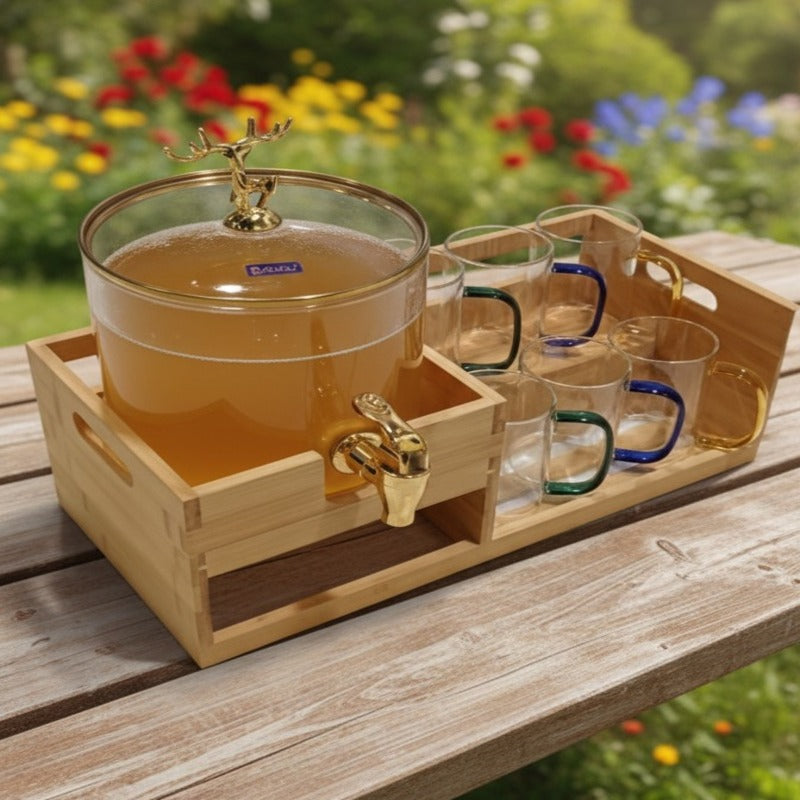 Echou GoldenDeer Glass Dispenser Set with Wooden Stand & 6 Glasses