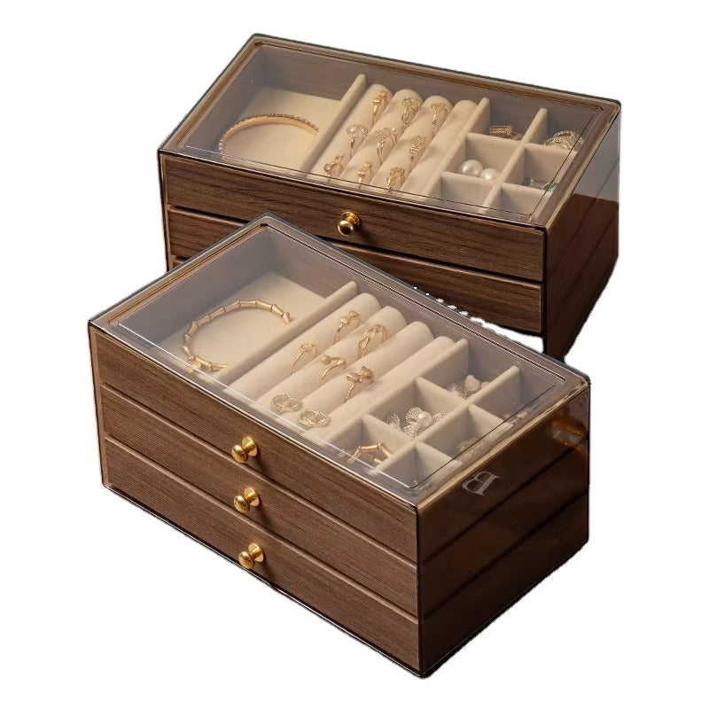 Premium Dustproof Wooden Jewelry Organizer Box 3 Layers Drawer for Women
