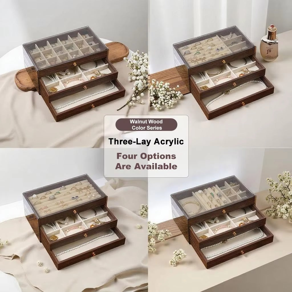 Premium Dustproof Wooden Jewelry Organizer Box 3 Layers Drawer for Women