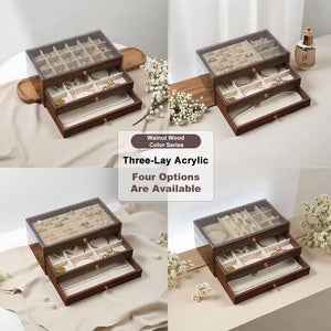 Premium Dustproof Wooden Jewelry Organizer Box 3 Layers Drawer for Women