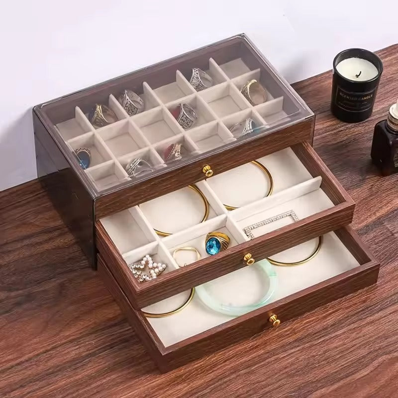 Premium Dustproof Wooden Jewelry Organizer Box 3 Layers Drawer for Women