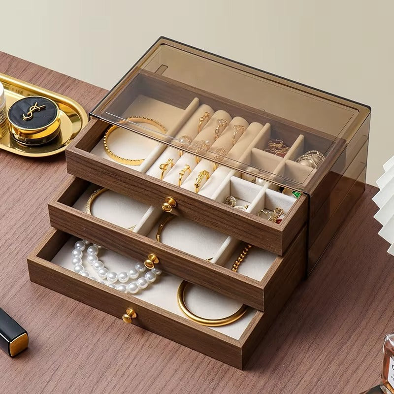 Premium Dustproof Wooden Jewelry Organizer Box 3 Layers Drawer for Women