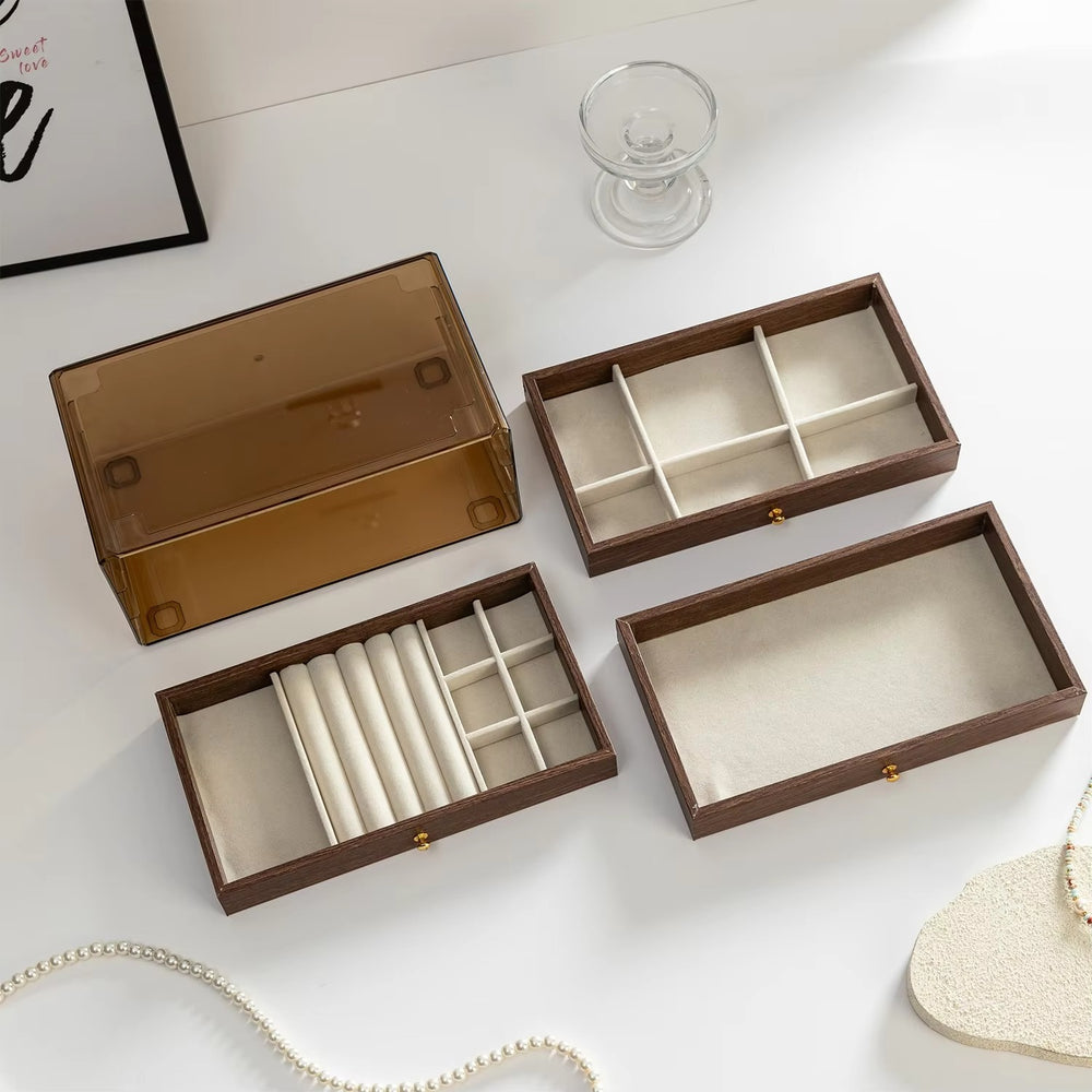 Premium Dustproof Wooden Jewelry Organizer Box 3 Layers Drawer for Women