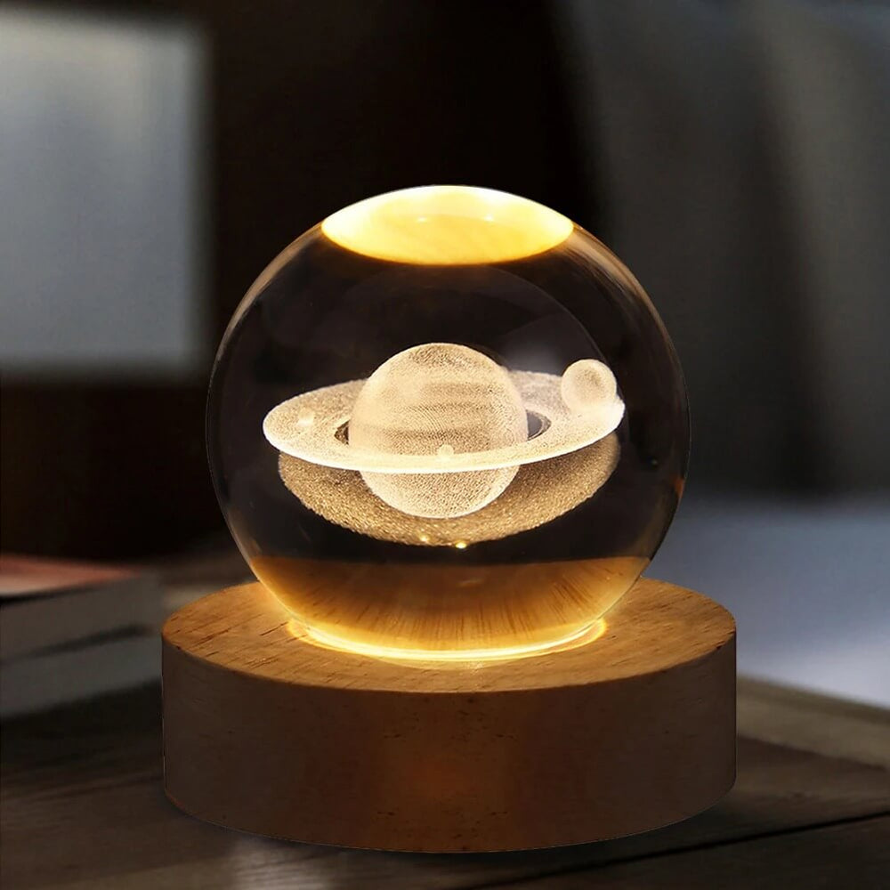 3D Crystal Galaxy Ball Night Lamp with Wooden Base (6cm) - Solar System - Moon - Earth - Heart Cloud - Crescent -Moon Walk