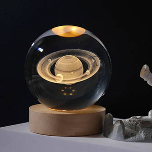3D Crystal Galaxy Ball Night Lamp with Wooden Base (6cm) - Solar System - Moon - Earth - Heart Cloud - Crescent -Moon Walk