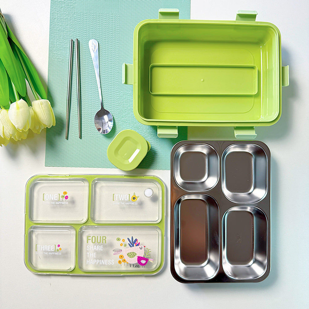 Modern Leakproof Stainless Steel (SUS304) Lunch box with Cutlery Grid & Sauce Compartment (7136)