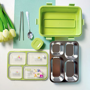 Modern Leakproof Stainless Steel (SUS304) Lunch box with Cutlery Grid & Sauce Compartment (7136)