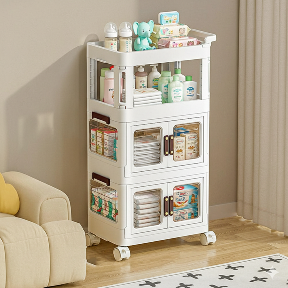 Rolling storage cart with wheel
