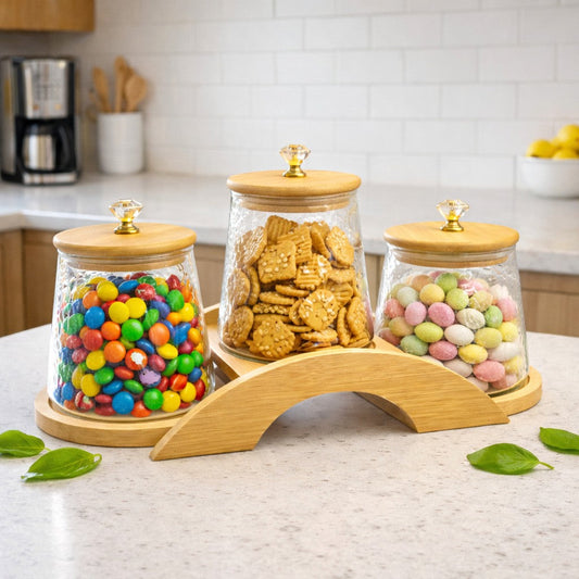 Decorative Bridge-Design Jar Trio with Natural Wooden Stand (1101)
