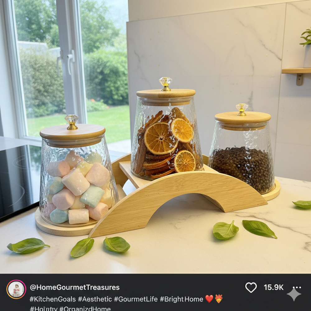 Decorative Bridge-Design Jar Trio with Natural Wooden Stand (1101)