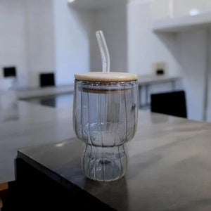 AmberRib Glass Cup with Wooden Lid