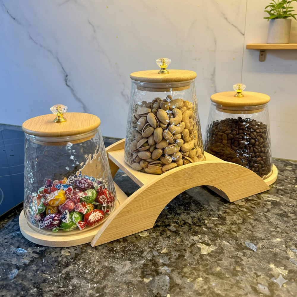 Decorative Bridge-Design Jar Trio with Natural Wooden Stand (1101)